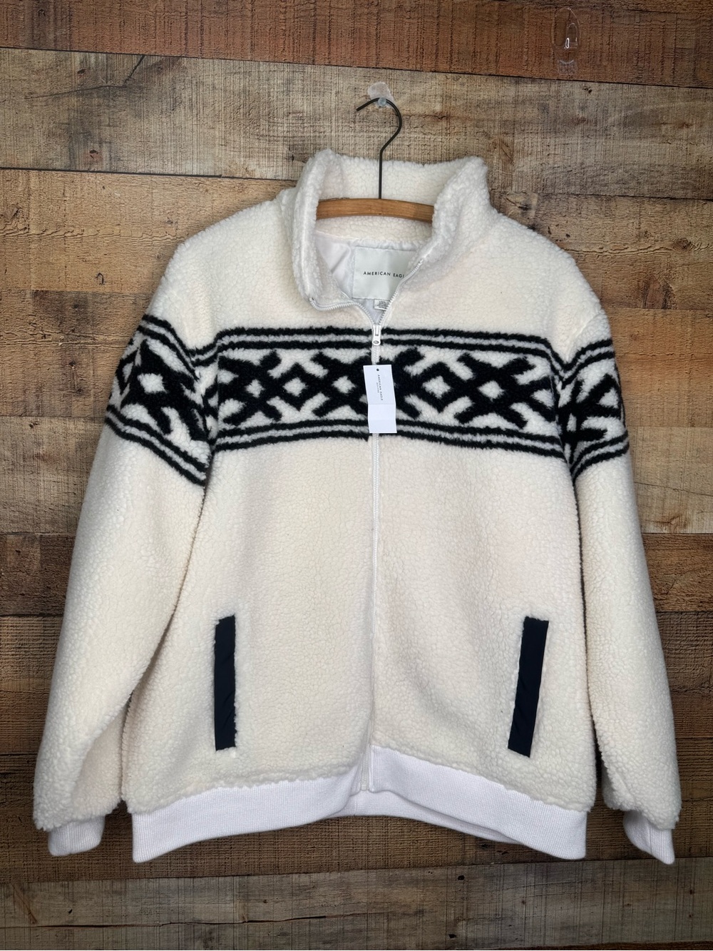 American Eagle Women's Full Zip Fleece Jacket Geometric White Black Outdoor Sz L